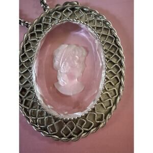 Large Vintage Glass Intaglio Cameo Pendant with Necklace 24"
